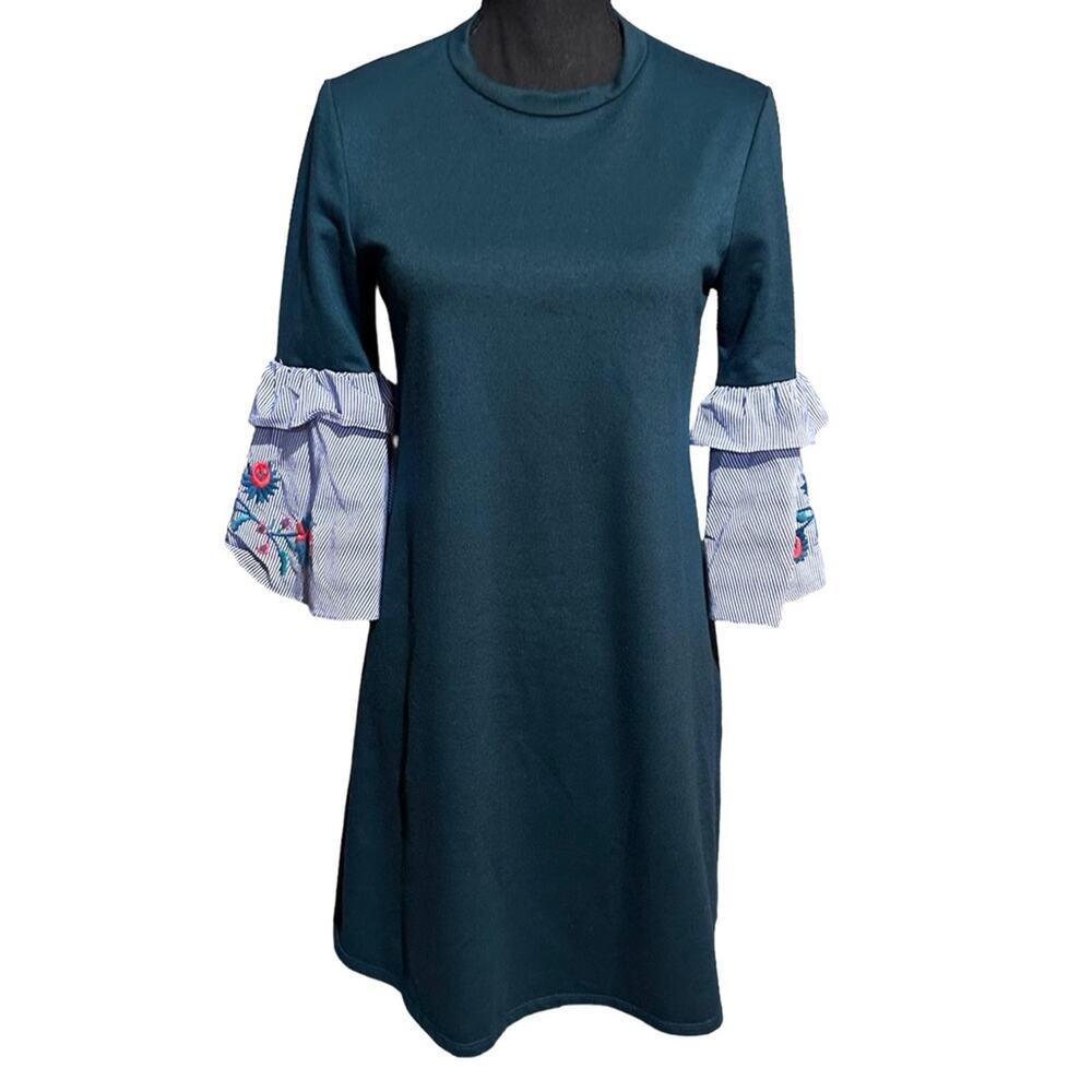 First Love Layer Look Embellished Sleeve Green Boho Dress Women's S Small